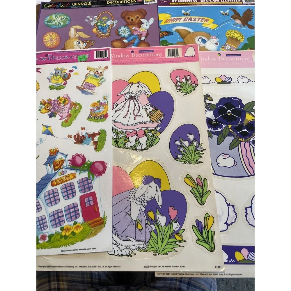 5 Vintage Easter Spring Vinyl Window Clings Bunny Colorful Eggs Birds Artist